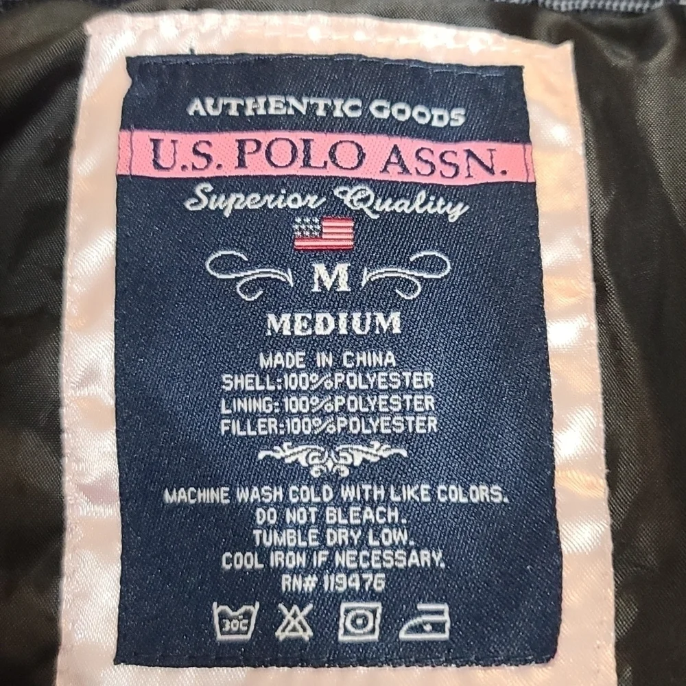 US Polo Assn. Girl's Puffy Jacket Coat Black White Plaid Removable Hood Sz M EUC